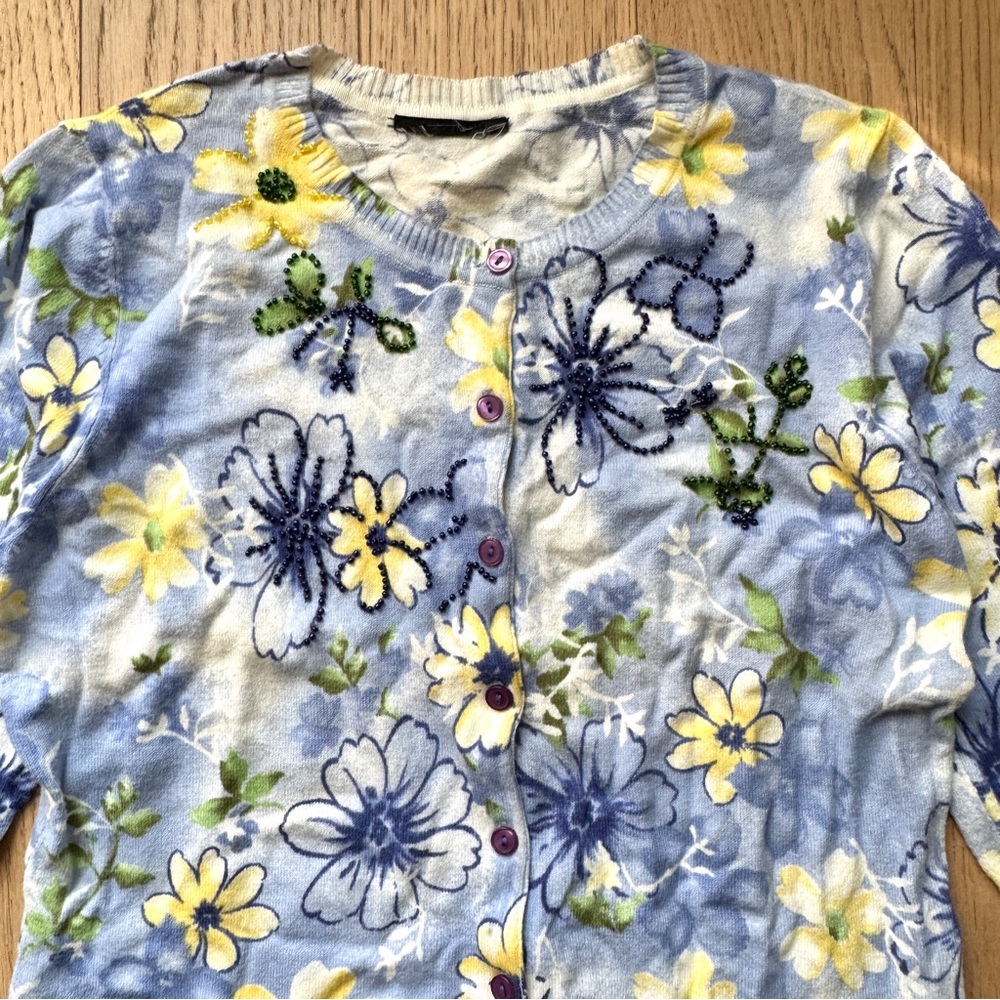 Blue Yellow Flower Print Cardigan w. Beading Size S - Picture 3 of 9
